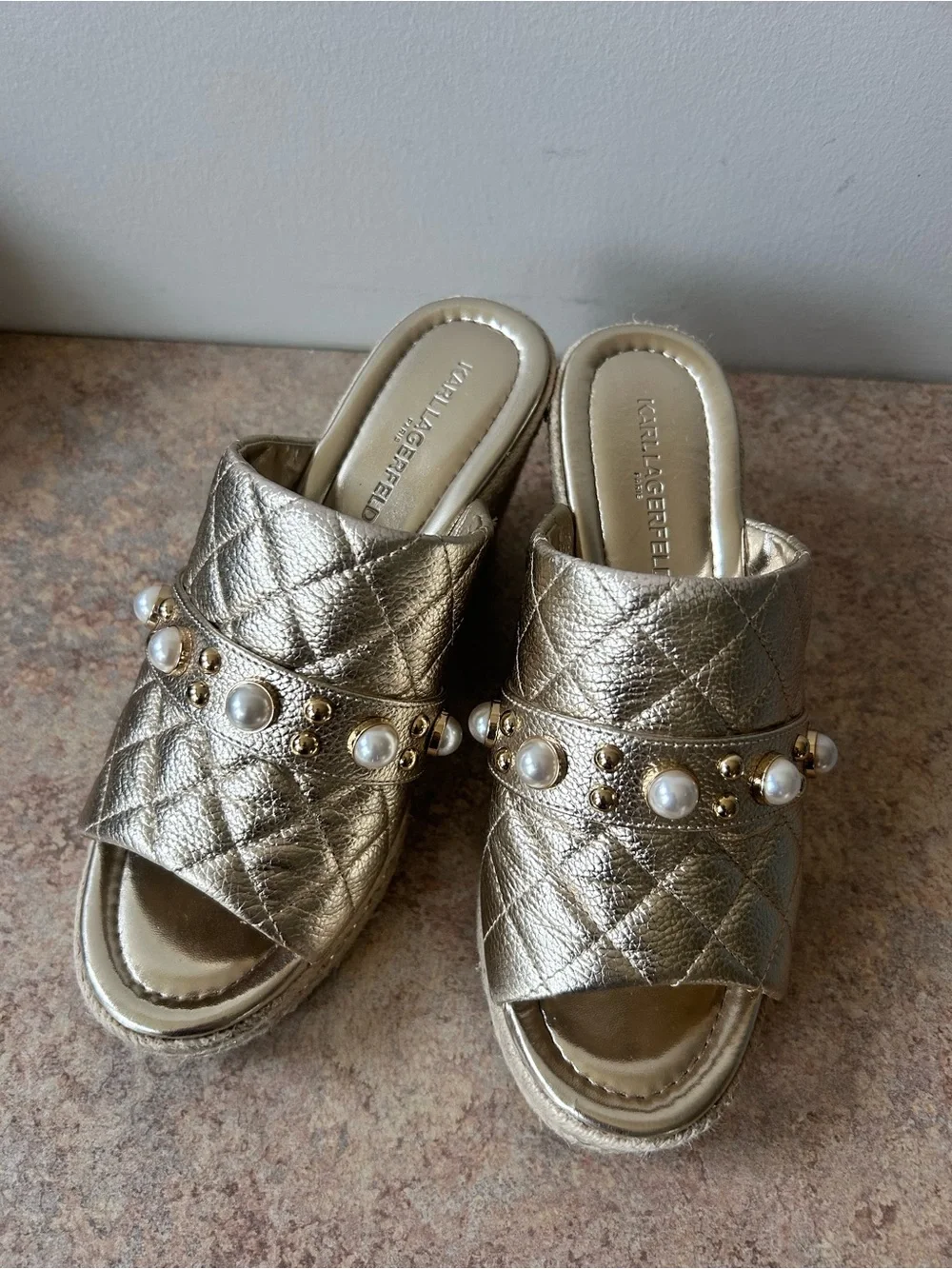 Karl Lagerfeld Paris Camila Espadrille Wedge Sandals Champagne size 8.5